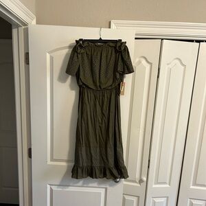 Daniel Cremieux Olive Green Off-Shoulder Midi Dress with Ruffle Hem